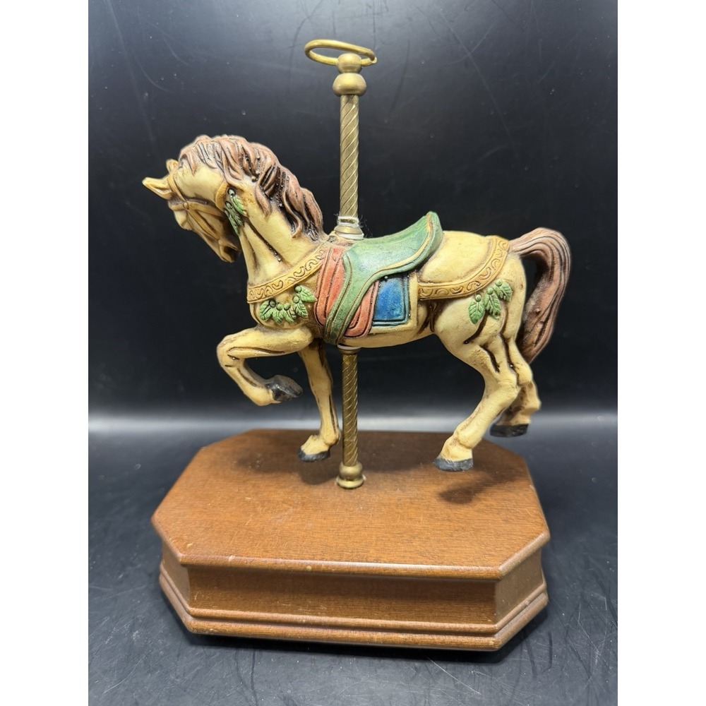 Vintage Carousel Horse Music Box – Needs Repair, Wood Base, 8"